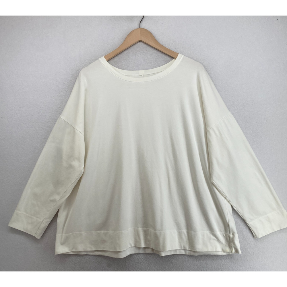 EILEEN FISHER Top 3X Stretch Organic Cotton Jersey Boxy Long Sleeve Off White